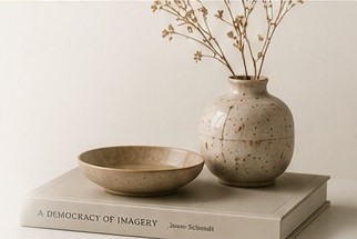 Ceramic vase and bowl on stacked books