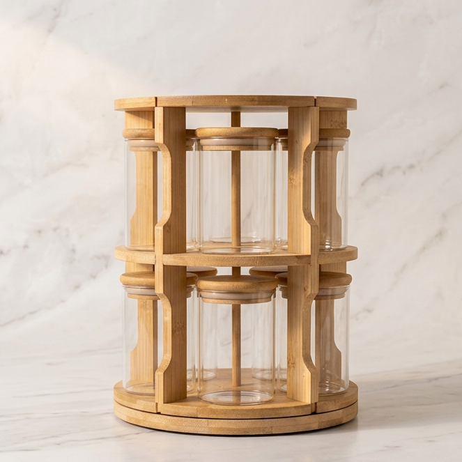 Revolving Glass Spice Jar Set of 10 with Wooden Stand  370ml - image 3