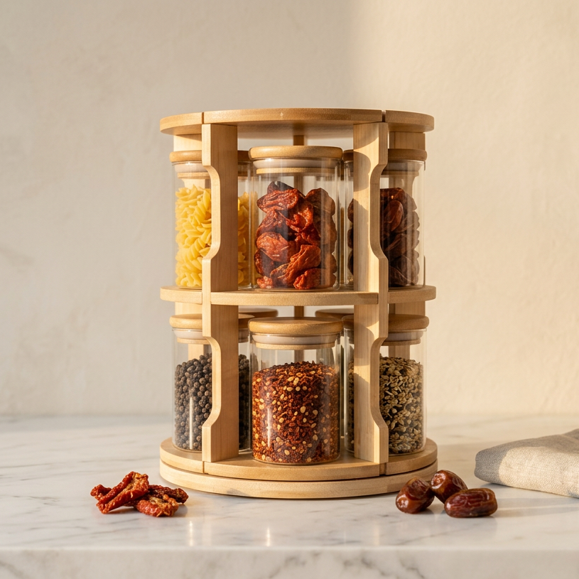 Revolving Glass Spice Jar Set of 10 with Wooden Stand  370ml - image 2