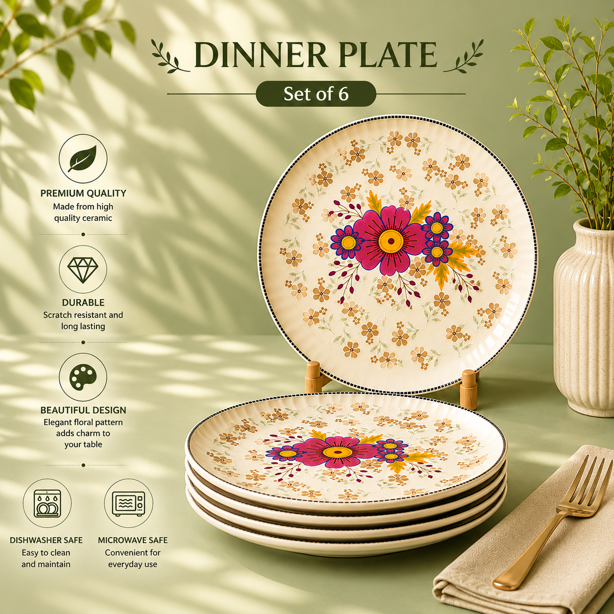 Floral White - Set of 6 Pcs Ceramic Dinner Plates - image 1