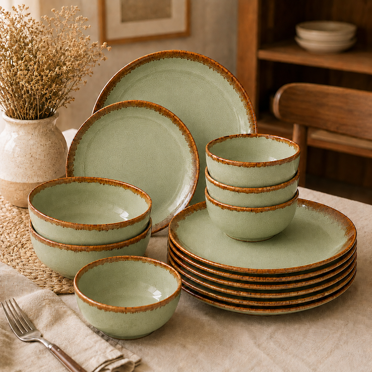 Sage Green - Set of 14 Pcs Ceramic Dinner Set - image 4
