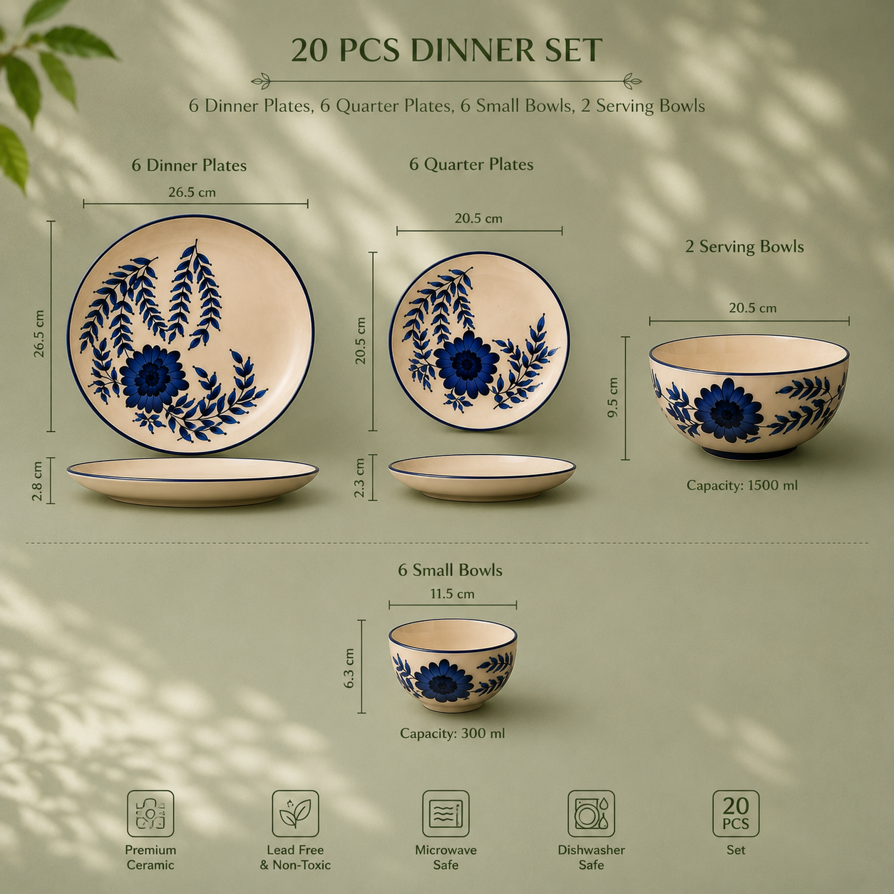 Floral Blue - Set of 20 Pcs Ceramic Dinner Set  - image 2