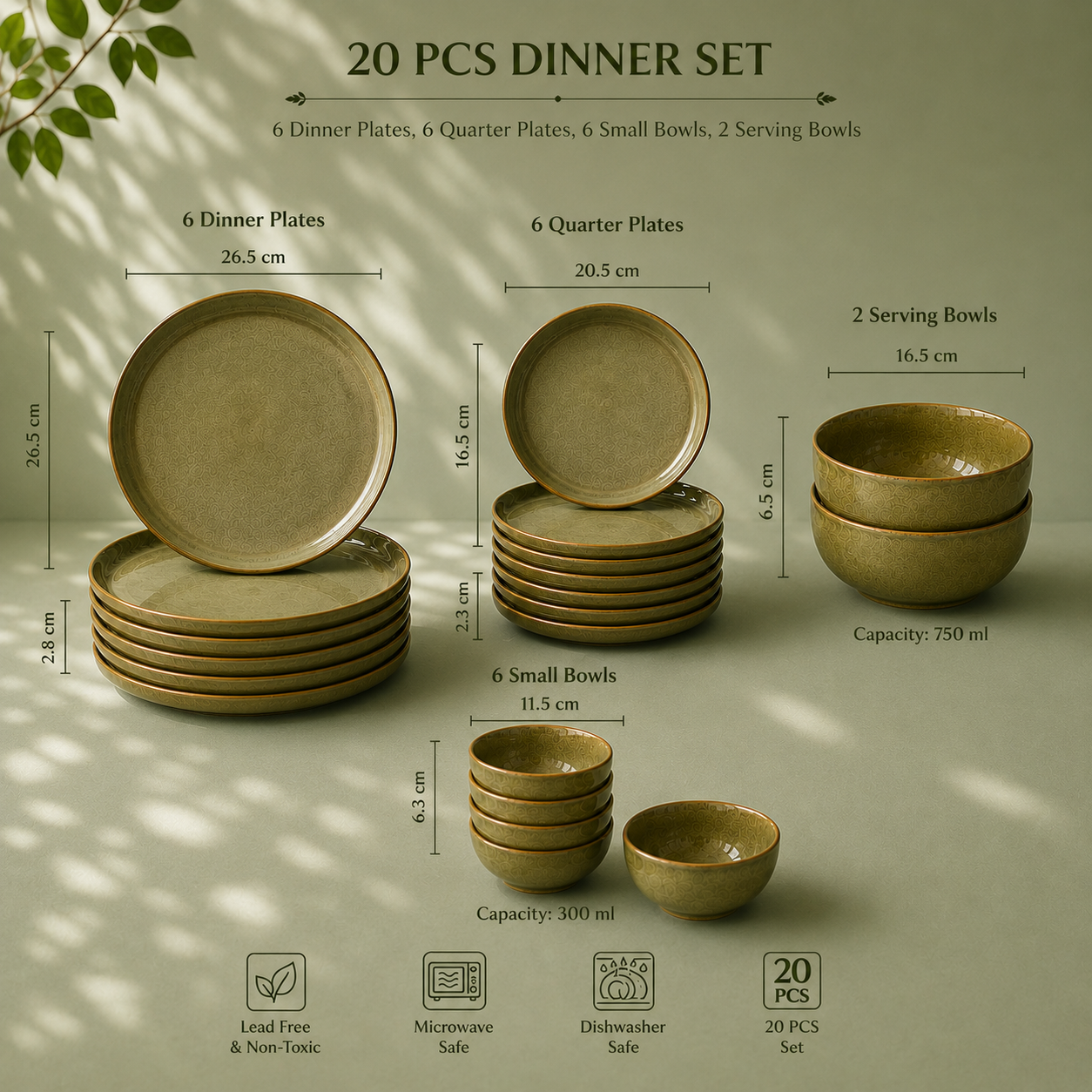 Olive Green - Set of 20 Pcs Ceramic Dinner Set  - image 2