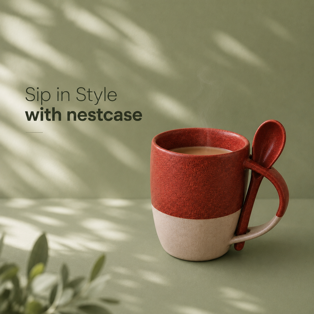 Red & Brown - Two Tone Set of 2 Pcs Coffee Mug with Spoon - image 2