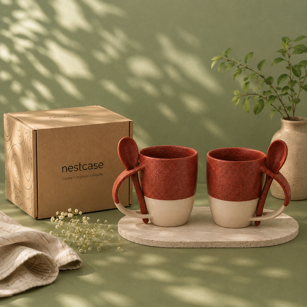 Red & Brown - Two Tone Set of 2 Pcs Coffee Mug with Spoon - image 4