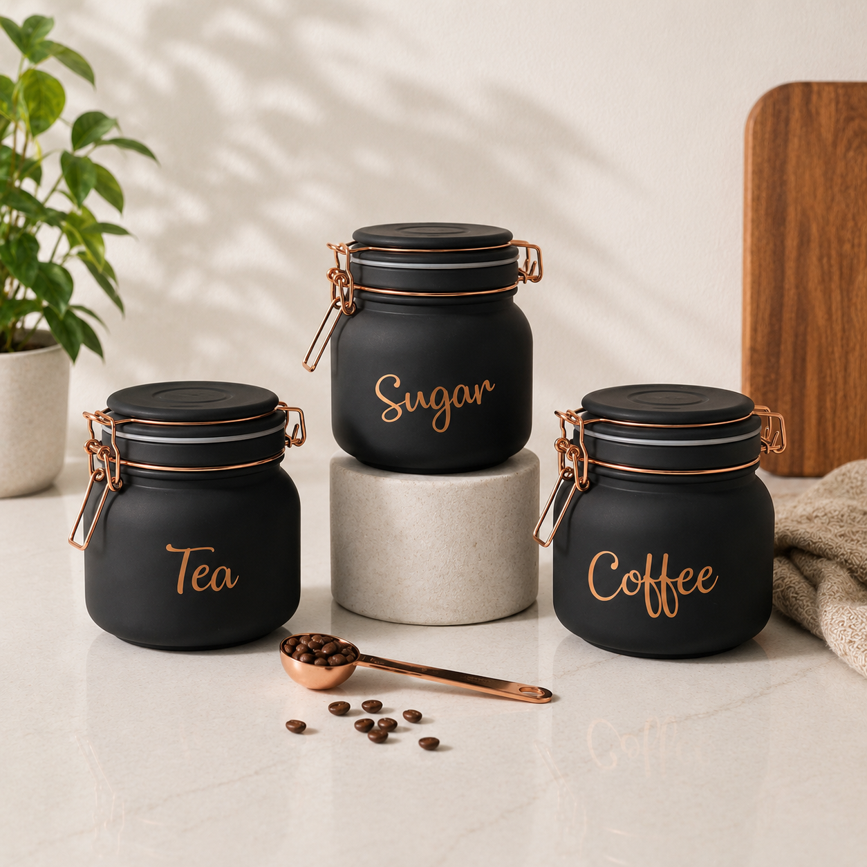 Set of 3 (900 ml Each) – Tea Coffee Sugar Storage Jars Black - image 3