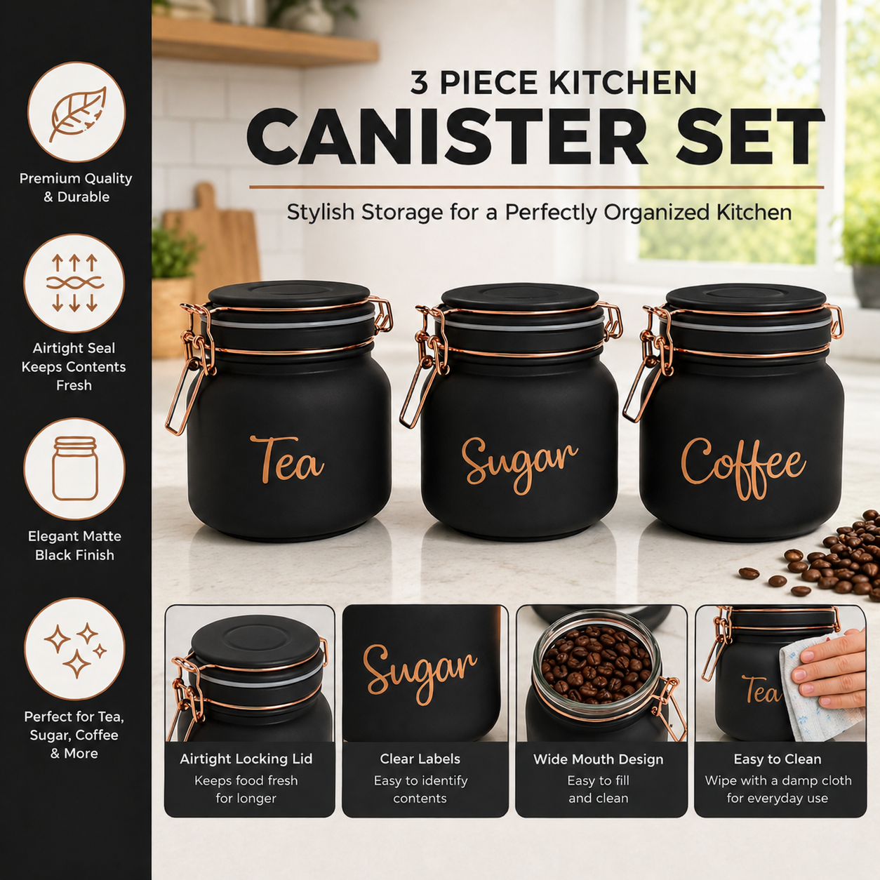 Set of 3 (900 ml Each) – Tea Coffee Sugar Storage Jars Black - image 2