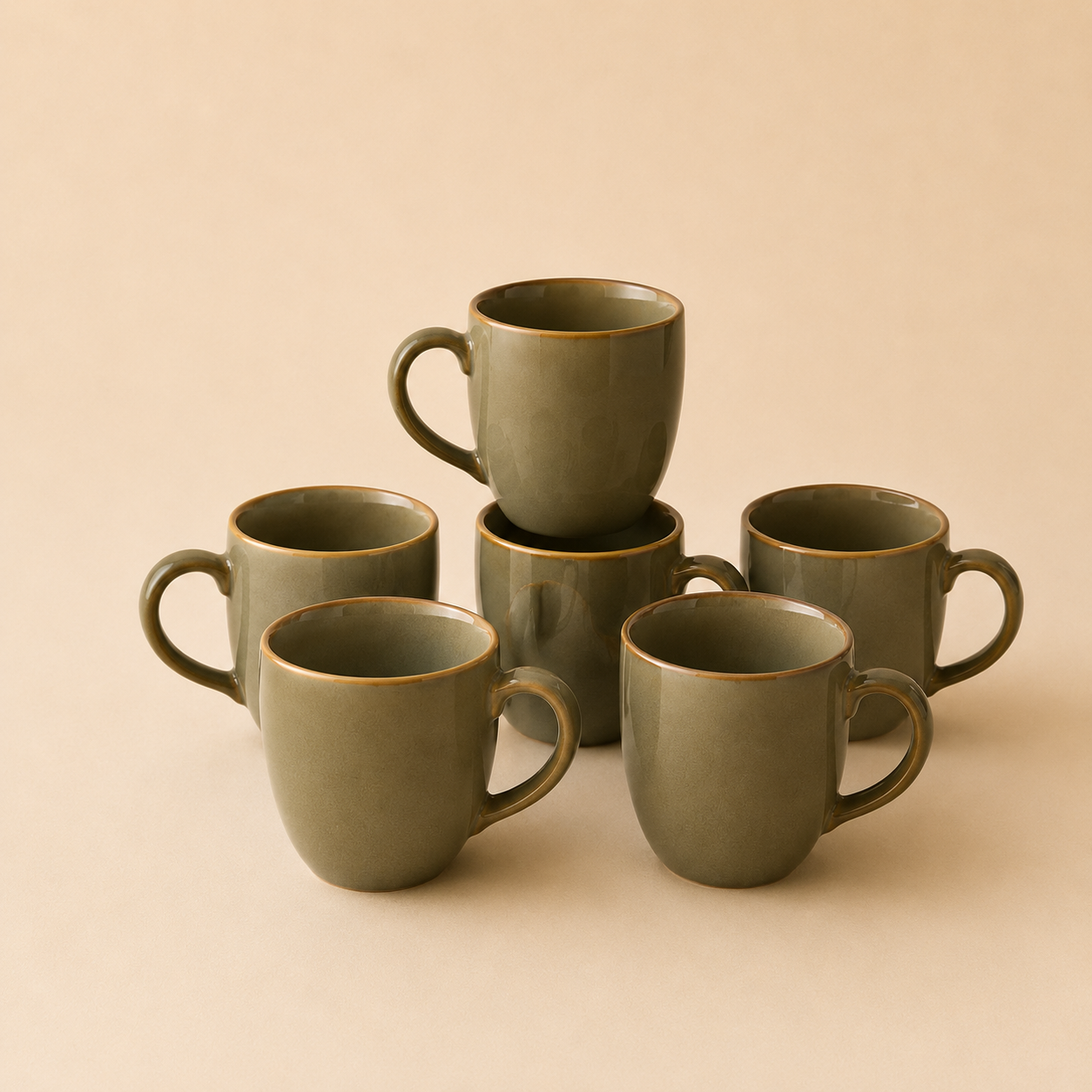 Olive Green - Set of 6 Ceramic Tea & Coffee Mugs  - image 1