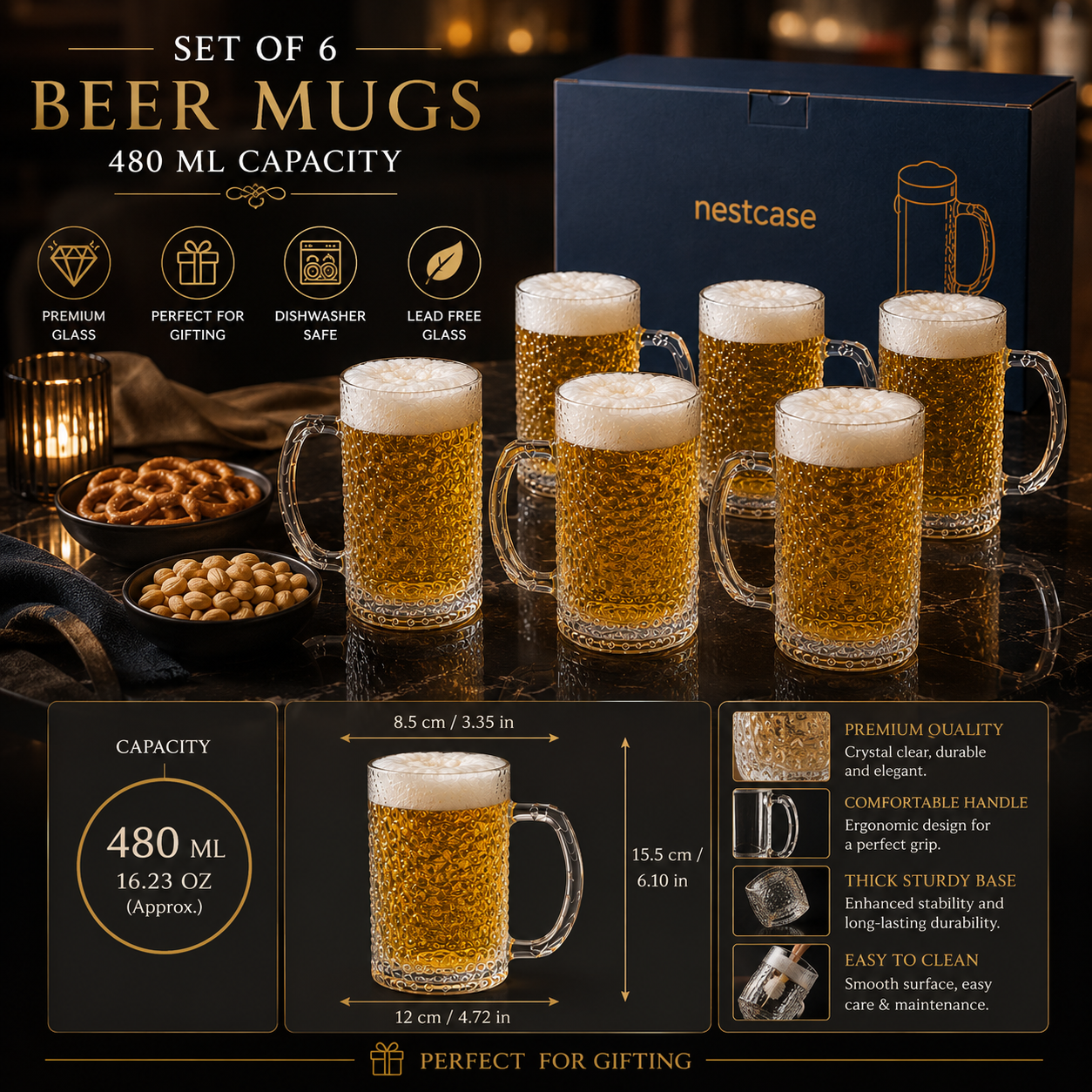 480ml Hammered Glass Beer Mug - Set of 6 - image 3