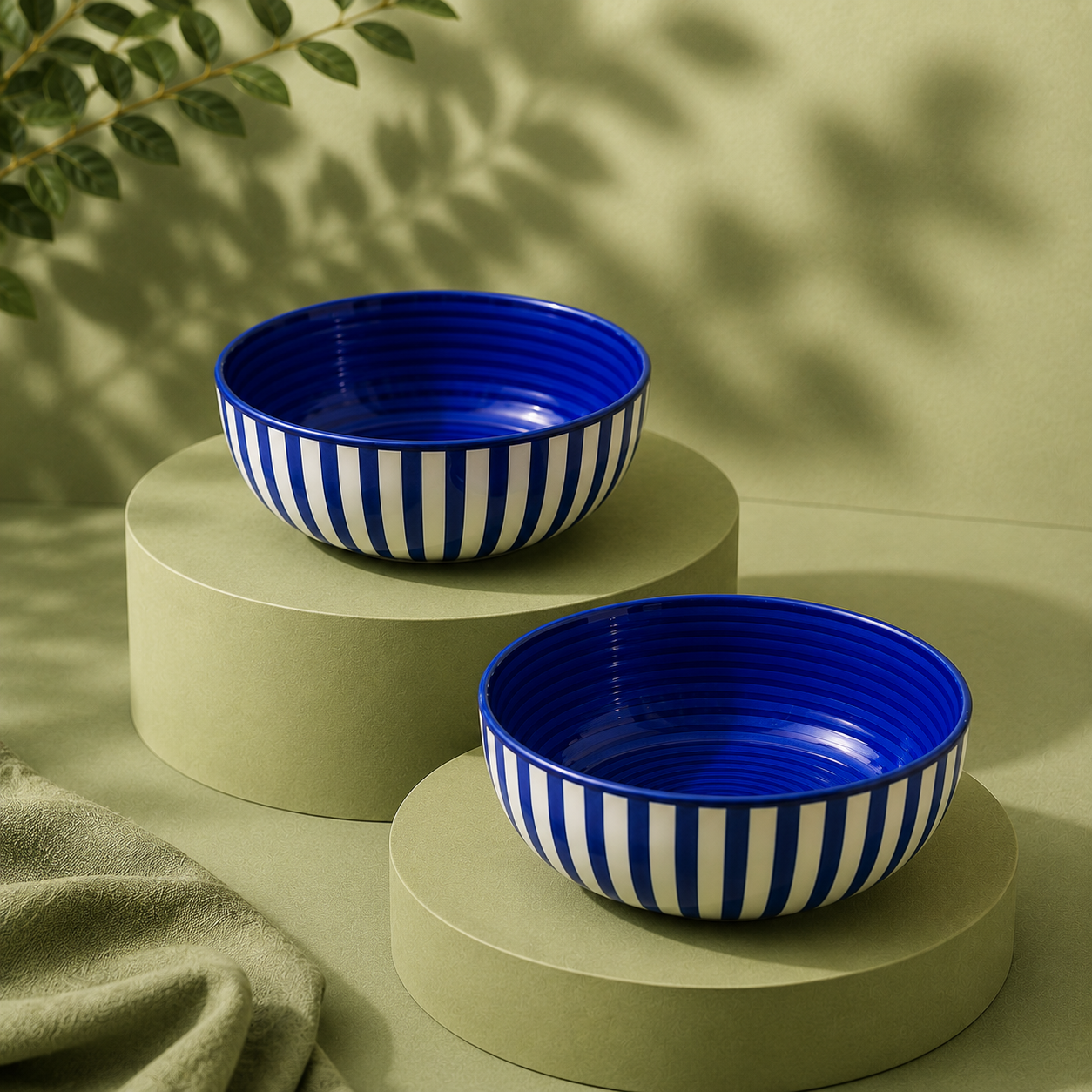 Blue & White Striped - Set of 2 Ceramic Serving Bowls - image 1