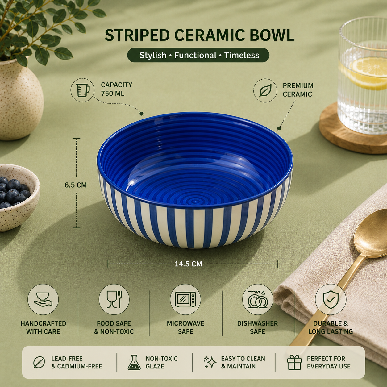 Blue & White Striped - Set of 2 Ceramic Serving Bowls - image 2
