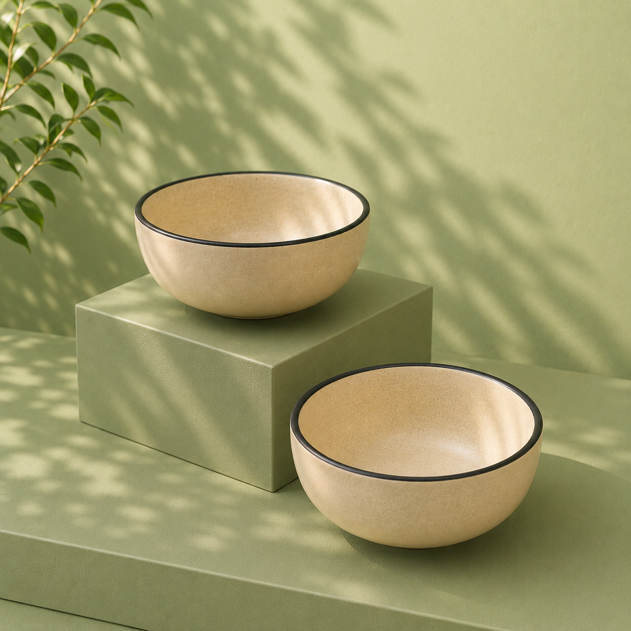 Beige With Black Rim - Set of 2 Ceramic Serving Bowls - image 1