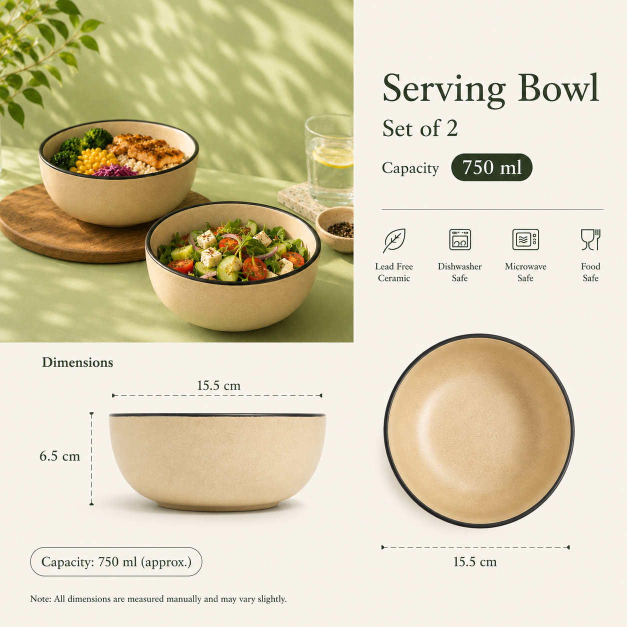 Beige With Black Rim - Set of 2 Ceramic Serving Bowls - image 4