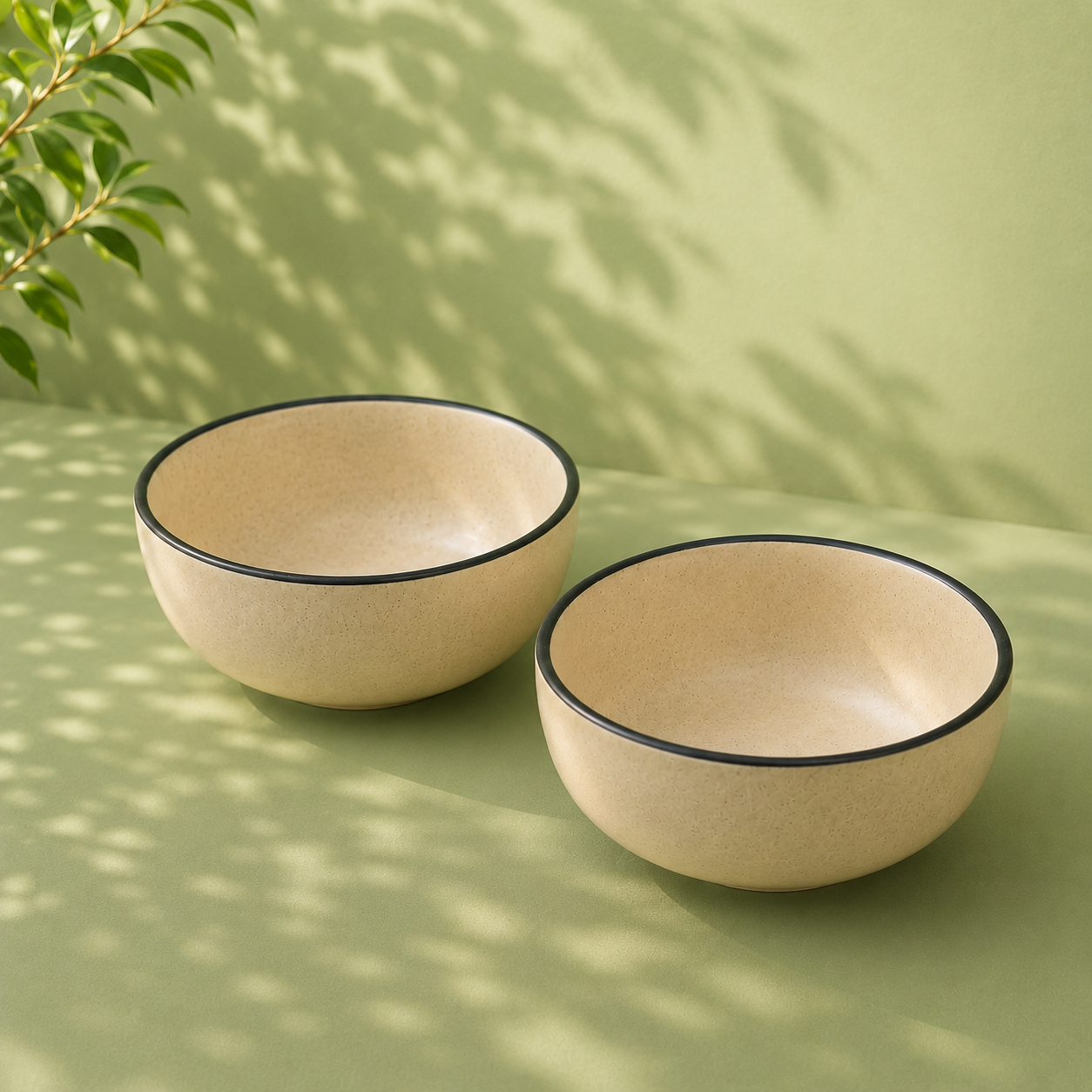 Beige With Black Rim - Set of 2 Ceramic Serving Bowls - image 2
