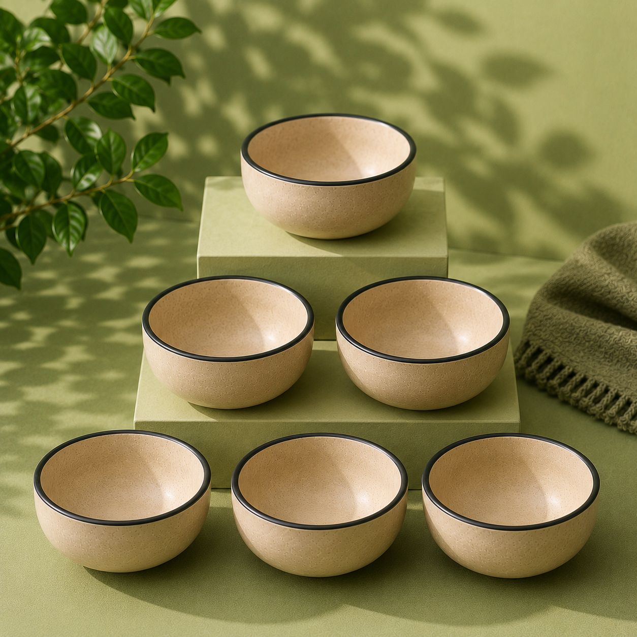 Beige With Black Rim - Set of 6 Pcs Ceramic Small Bowls - image 1