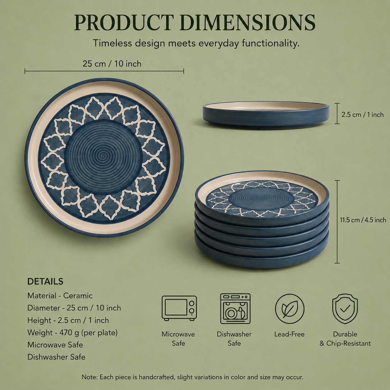 Blue Moroccan Pattern Dinnerware - Set of 6 Pcs Ceramic Dinner Plates - image 5