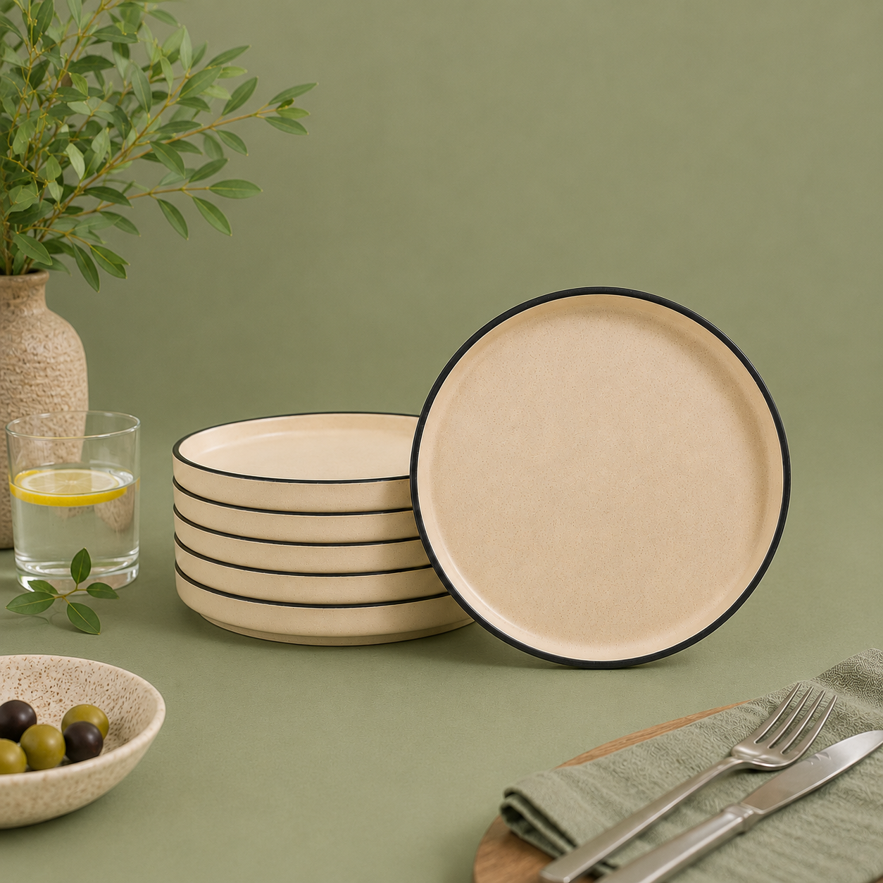 Beige With Black Rim - Set of 6 Pcs Ceramic Dinner Plates - image 1