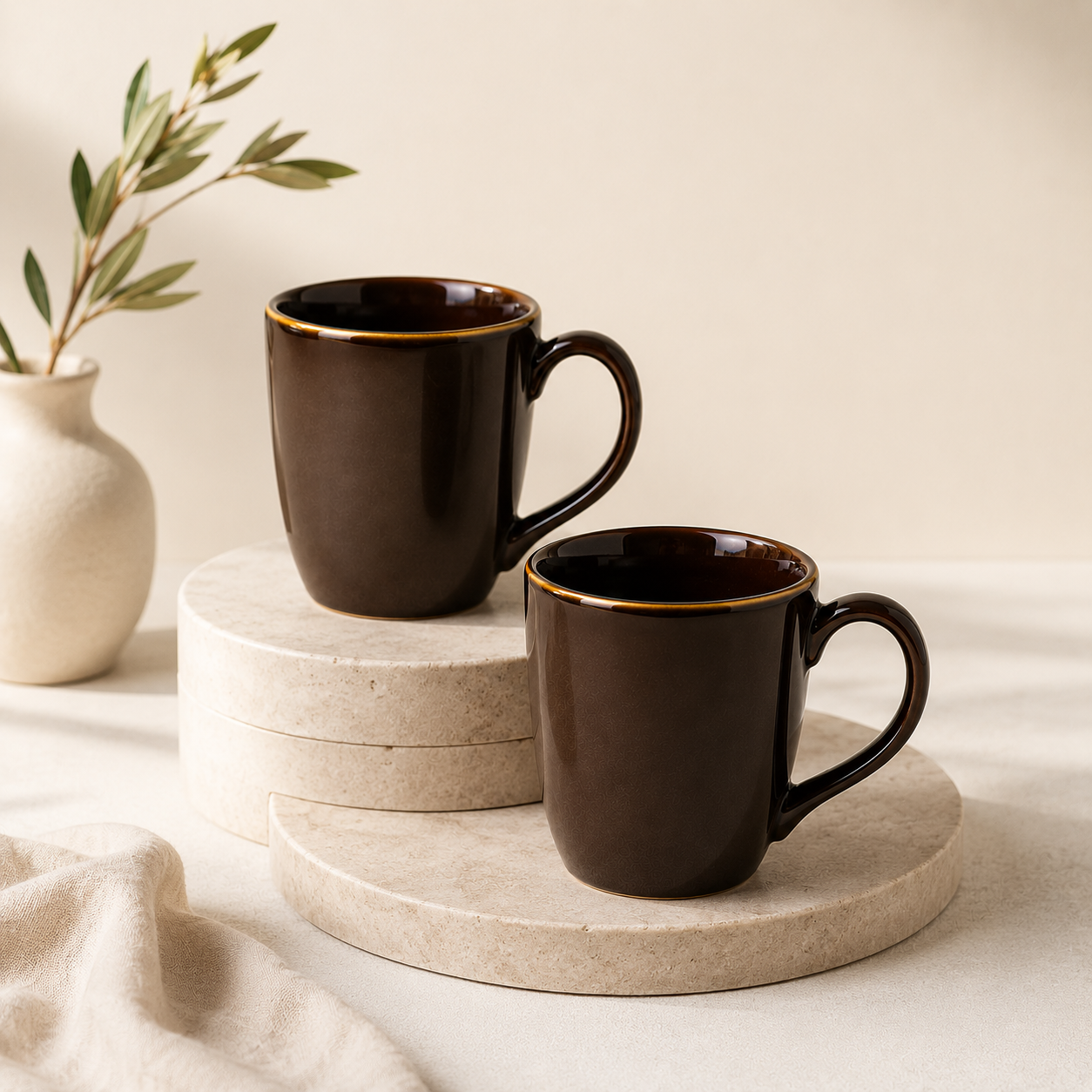 Brown Glossy Finish with Golden Rim - Set of 2 Ceramic Coffee Mug - image 1