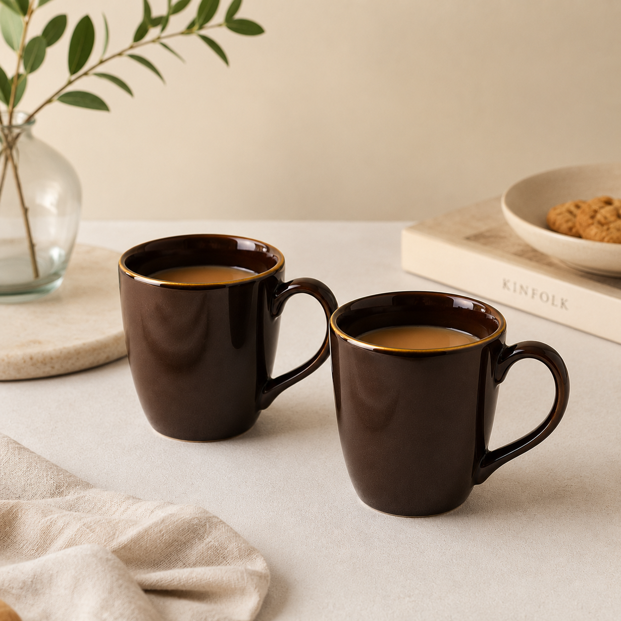 Brown Glossy Finish with Golden Rim - Set of 2 Ceramic Coffee Mug - image 2