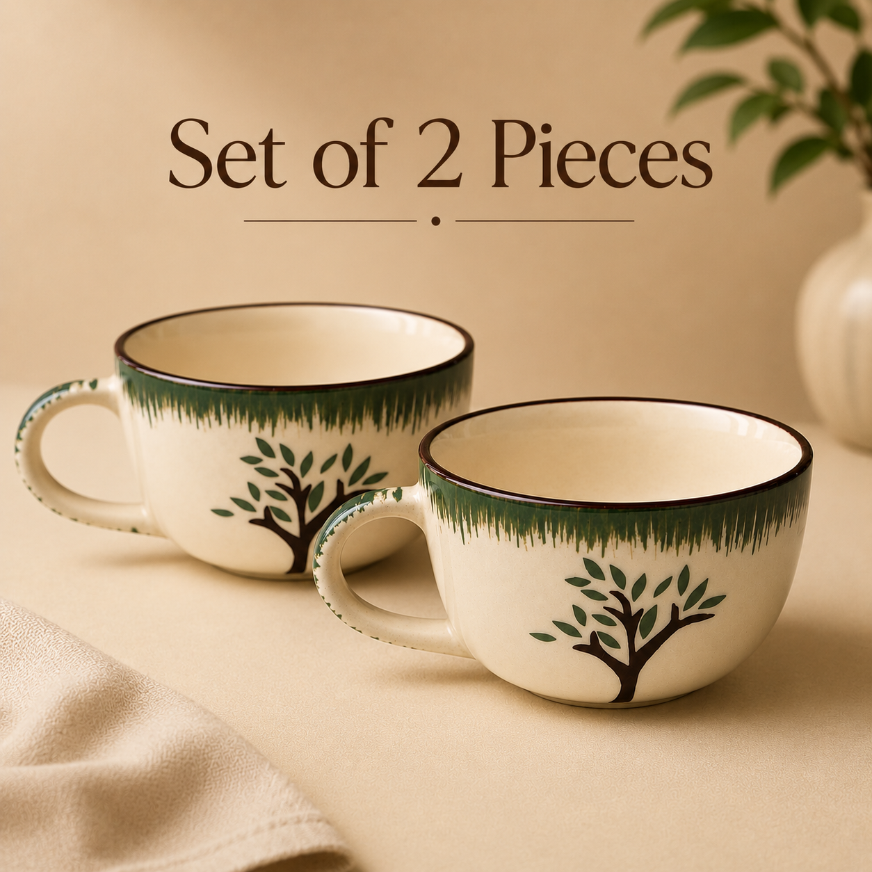  White & Green Tree Design - Set of 2 Ceramic Coffee Cup - image 1