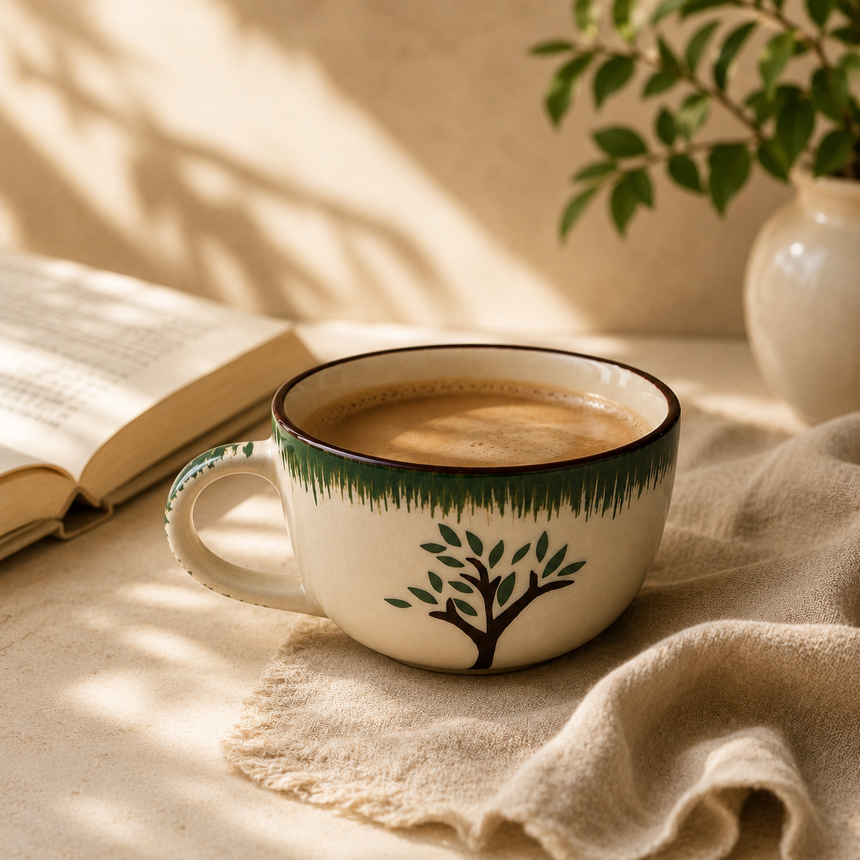  White & Green Tree Design - Set of 2 Ceramic Coffee Cup - image 3