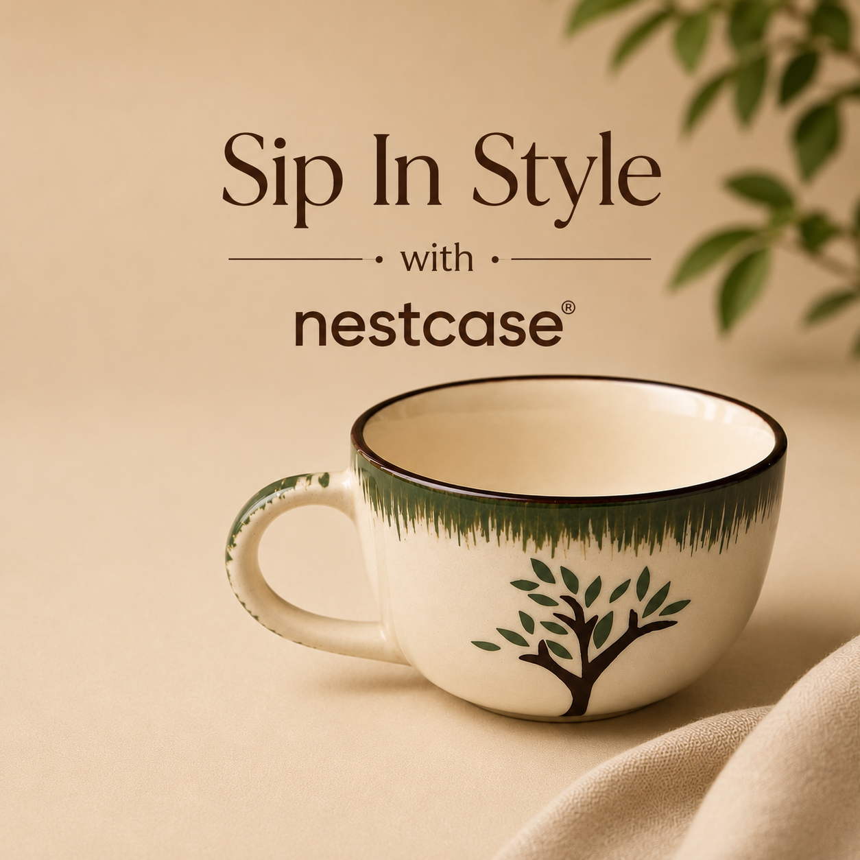  White & Green Tree Design - Set of 2 Ceramic Coffee Cup - image 2