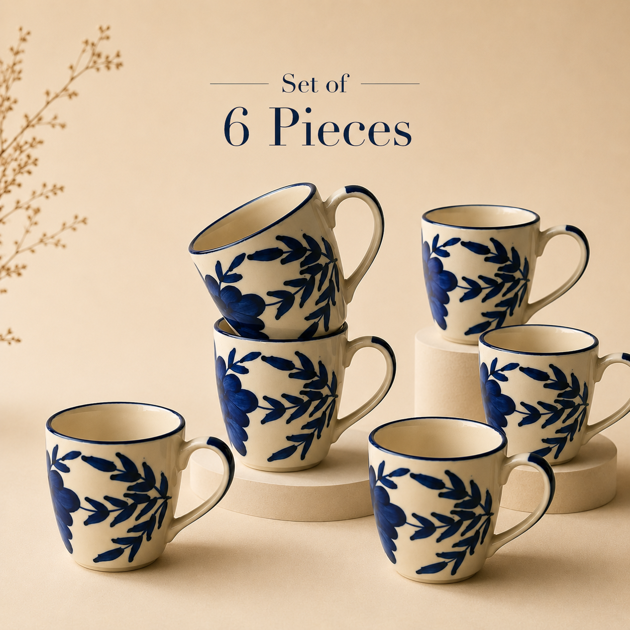 Off-White & Floral Blue Design - Set of 6 Ceramic Coffee Mug - image 1