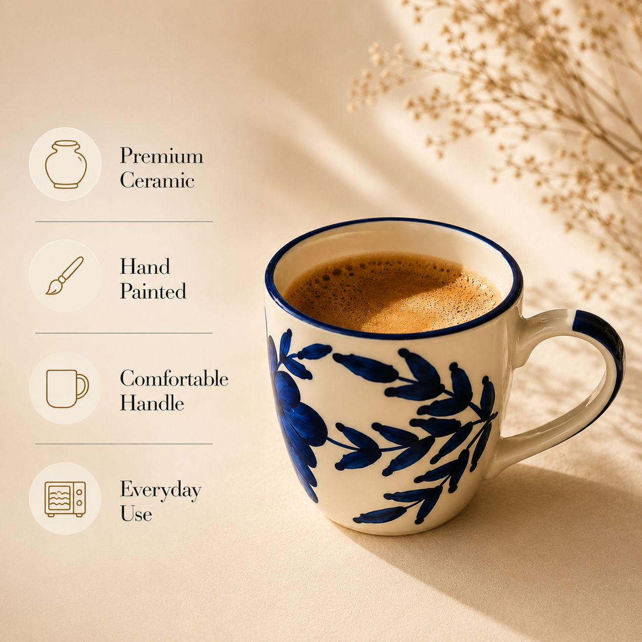 Off-White & Floral Blue Design - Set of 6 Ceramic Coffee Mug - image 5