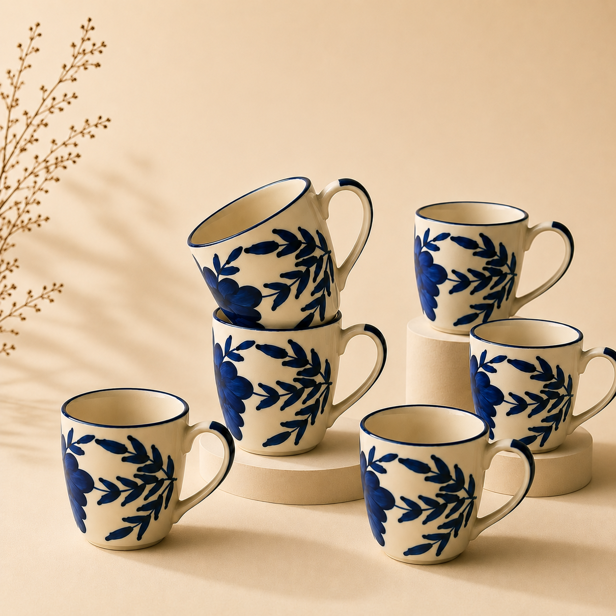 Off-White & Floral Blue Design - Set of 6 Ceramic Coffee Mug - image 3