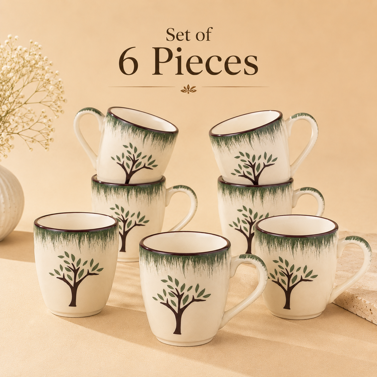 Off-White & Green - Tree Design  - Set of 6 Ceramic Coffee Mug - image 1