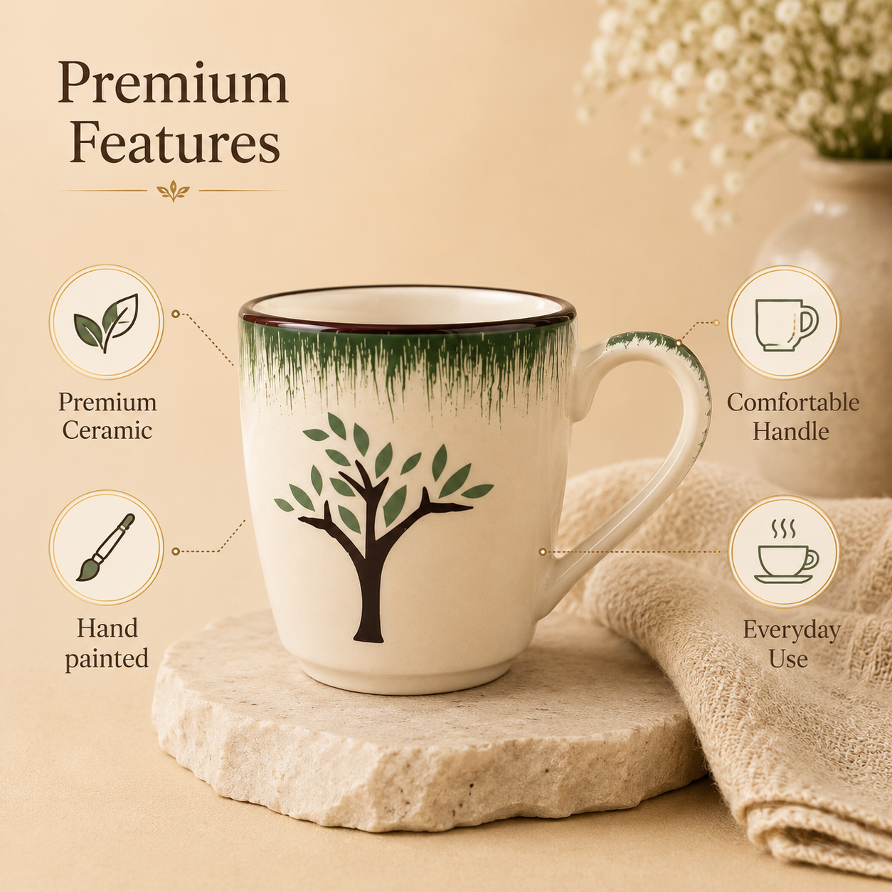 Off-White & Green - Tree Design  - Set of 6 Ceramic Coffee Mug - image 5