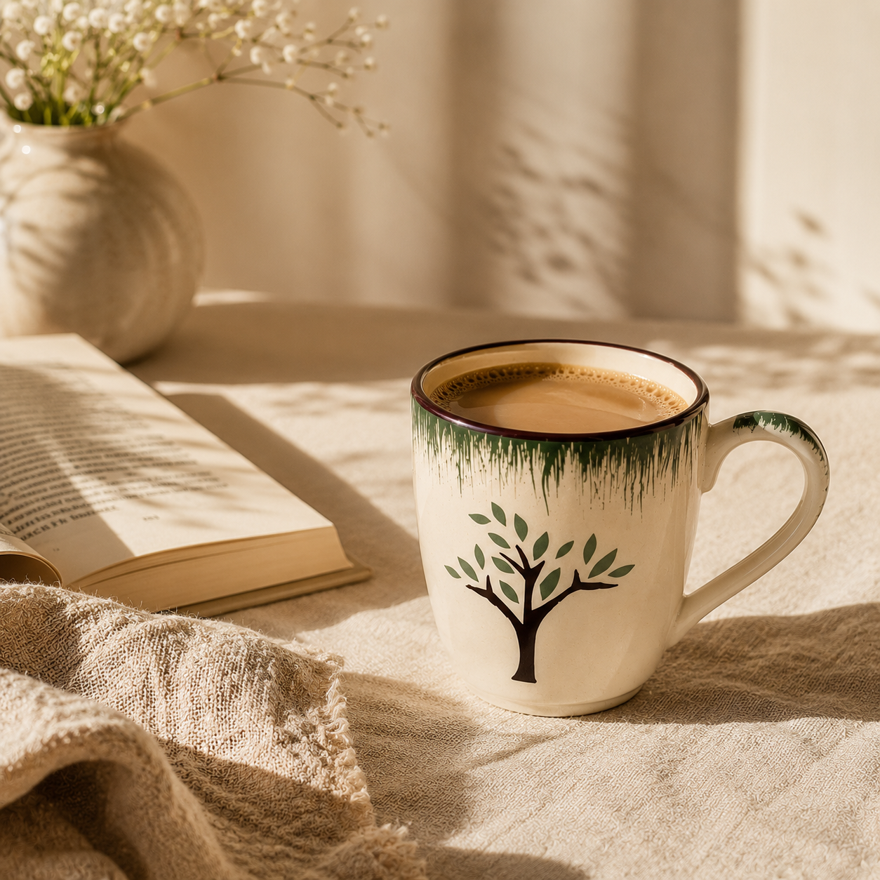 Off-White & Green - Tree Design  - Set of 6 Ceramic Coffee Mug - image 4