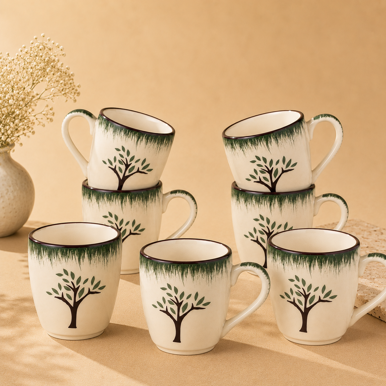 Off-White & Green - Tree Design  - Set of 6 Ceramic Coffee Mug - image 3