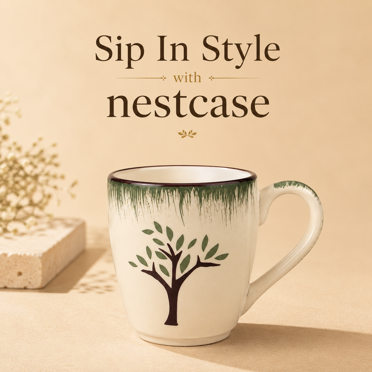 Off-White & Green - Tree Design  - Set of 6 Ceramic Coffee Mug - image 2