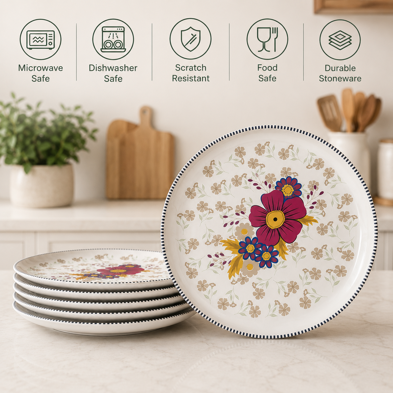 Floral White - Set of 6 Pcs Ceramic Dinner Plates - image 3
