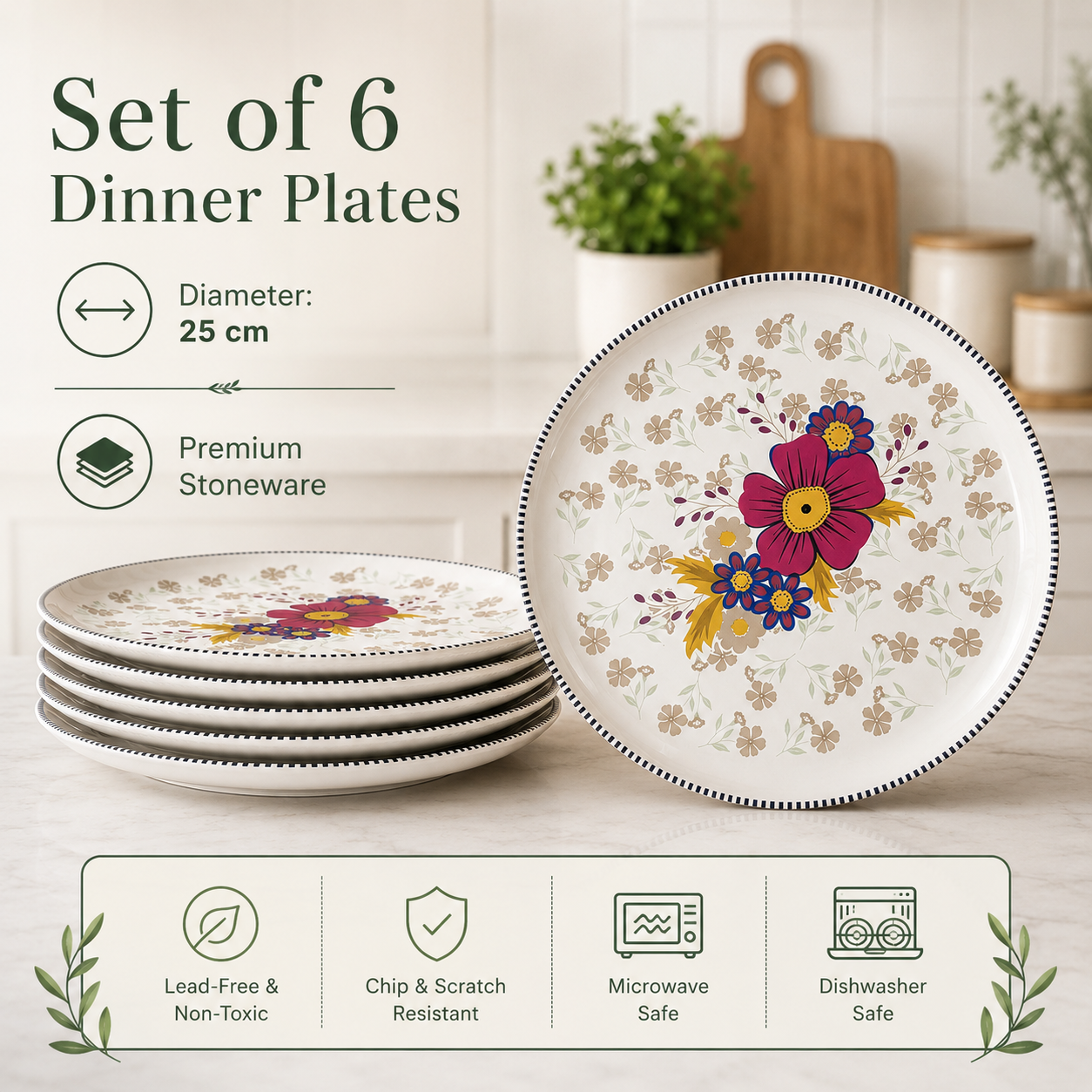 Floral White - Set of 6 Pcs Ceramic Dinner Plates - image 2