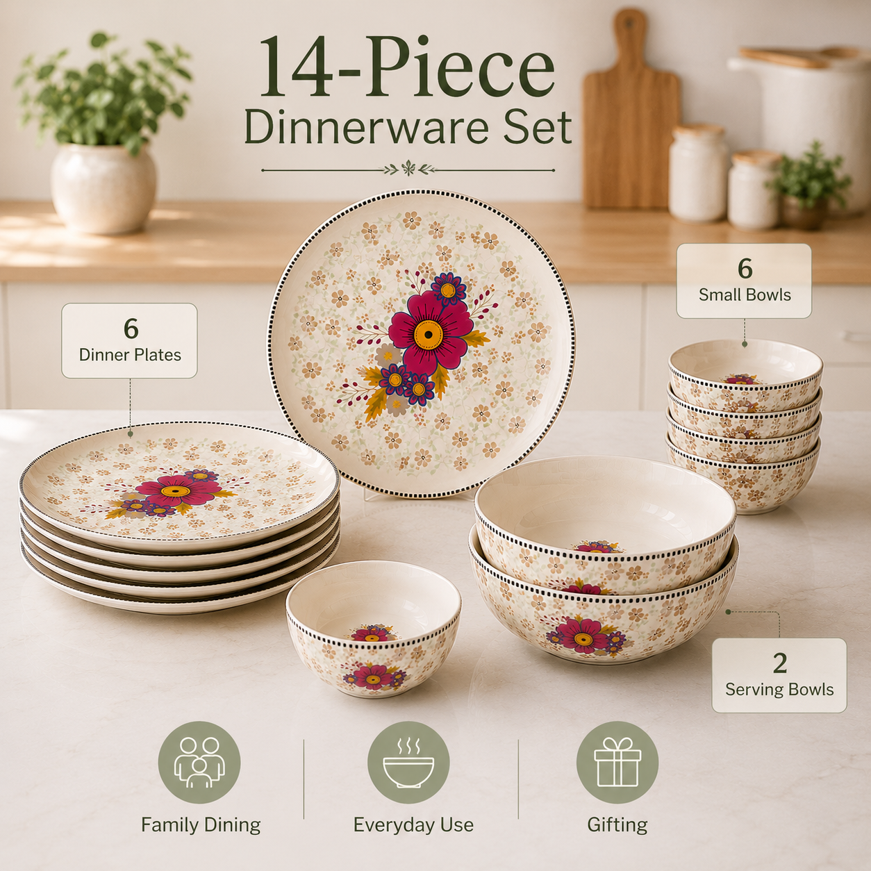Floral White - Set of 14 Pcs Ceramic Dinner Set  - image 2