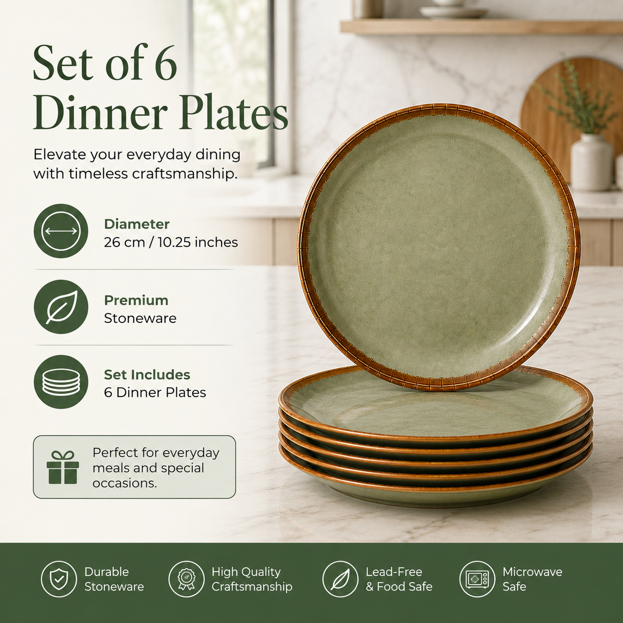 Sage Green - Set of 6 Pcs Ceramic Dinner Set - image 3