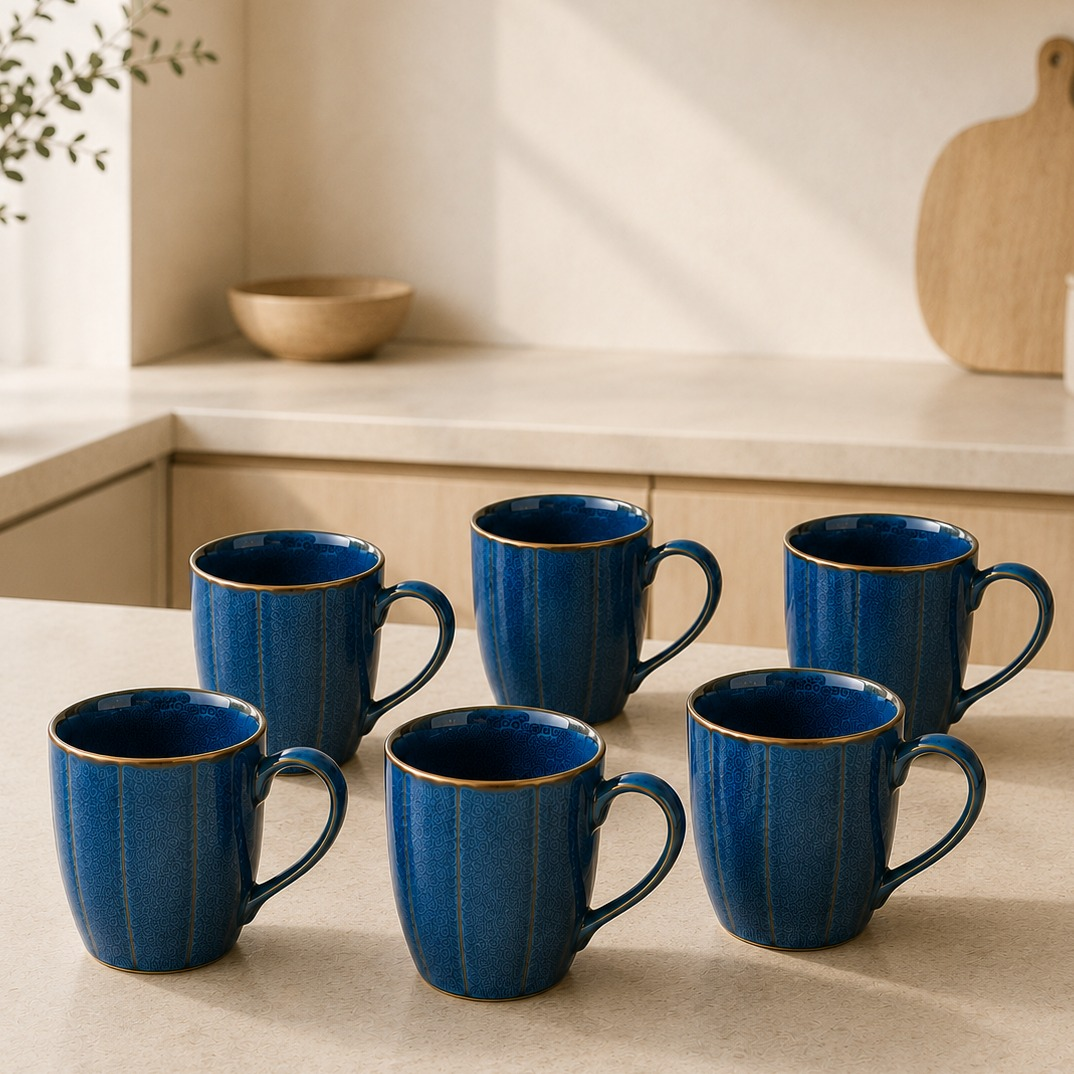 nestcase Ceramic Tea & Coffee Mugs Set of 6 – Reactive Blue with Brown Rim - image 1
