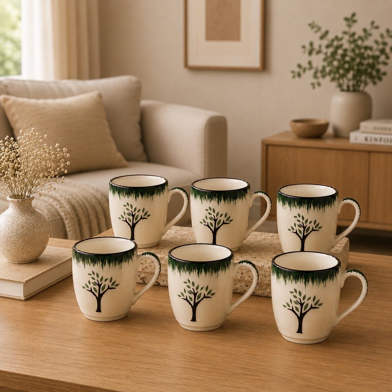 nestcase Ceramic Tea & Coffee Mugs Set of 6 – White & Green Tree Design - image 1