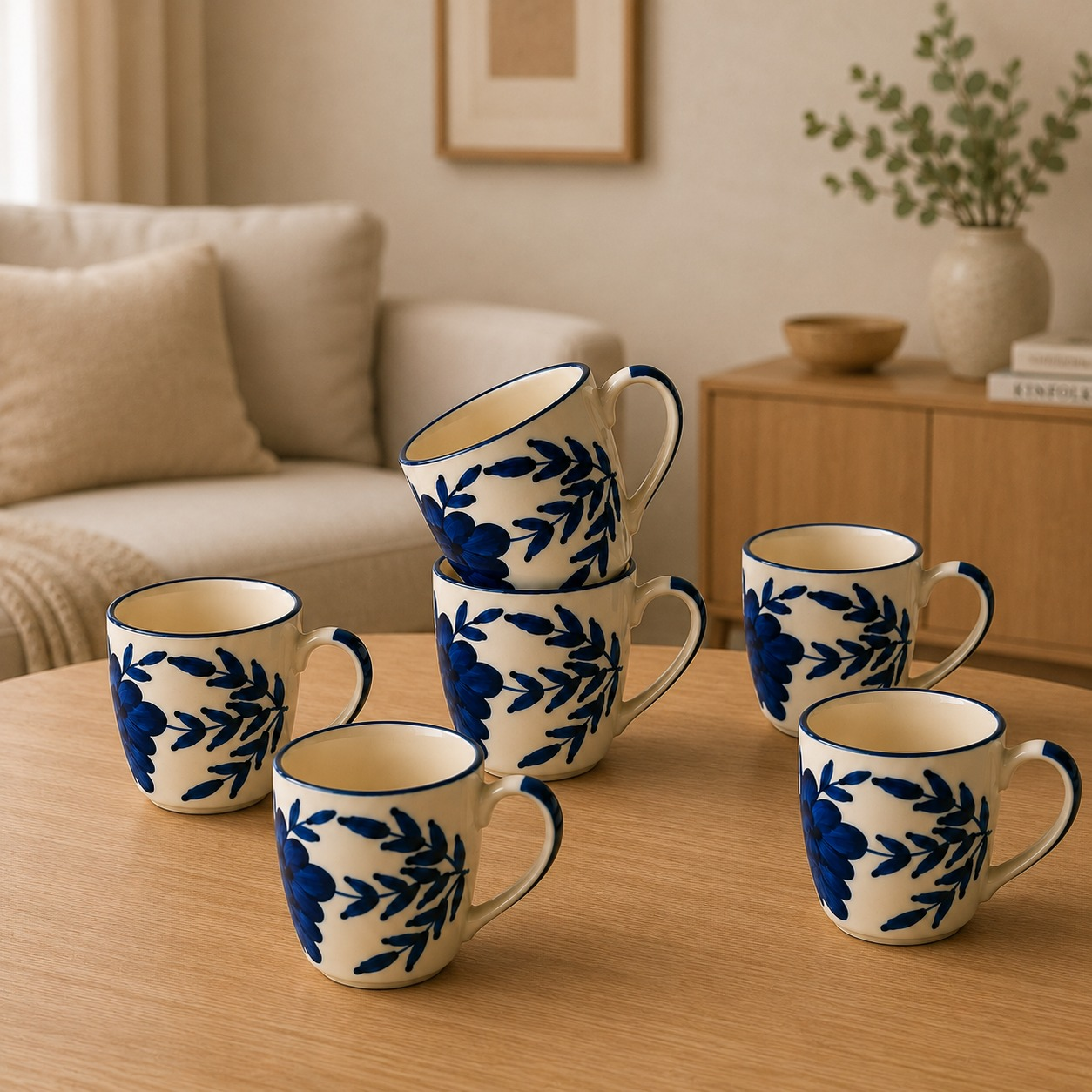 nestcase Ceramic Tea & Coffee Mugs Set of 6 – Ivory White with Floral Blue Design - image 1