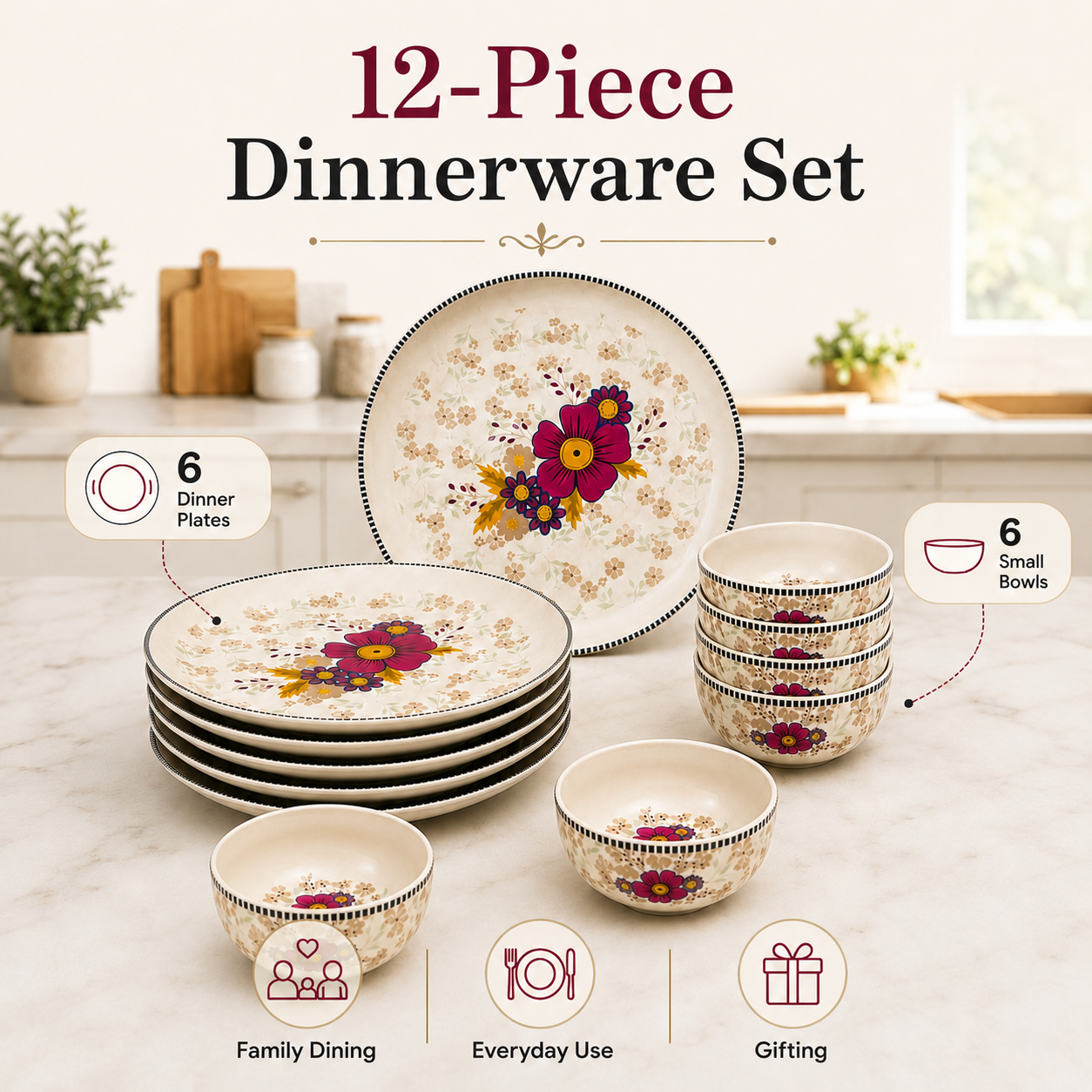 Floral White - Set of 12 Pcs Ceramic Dinner Set  - image 2