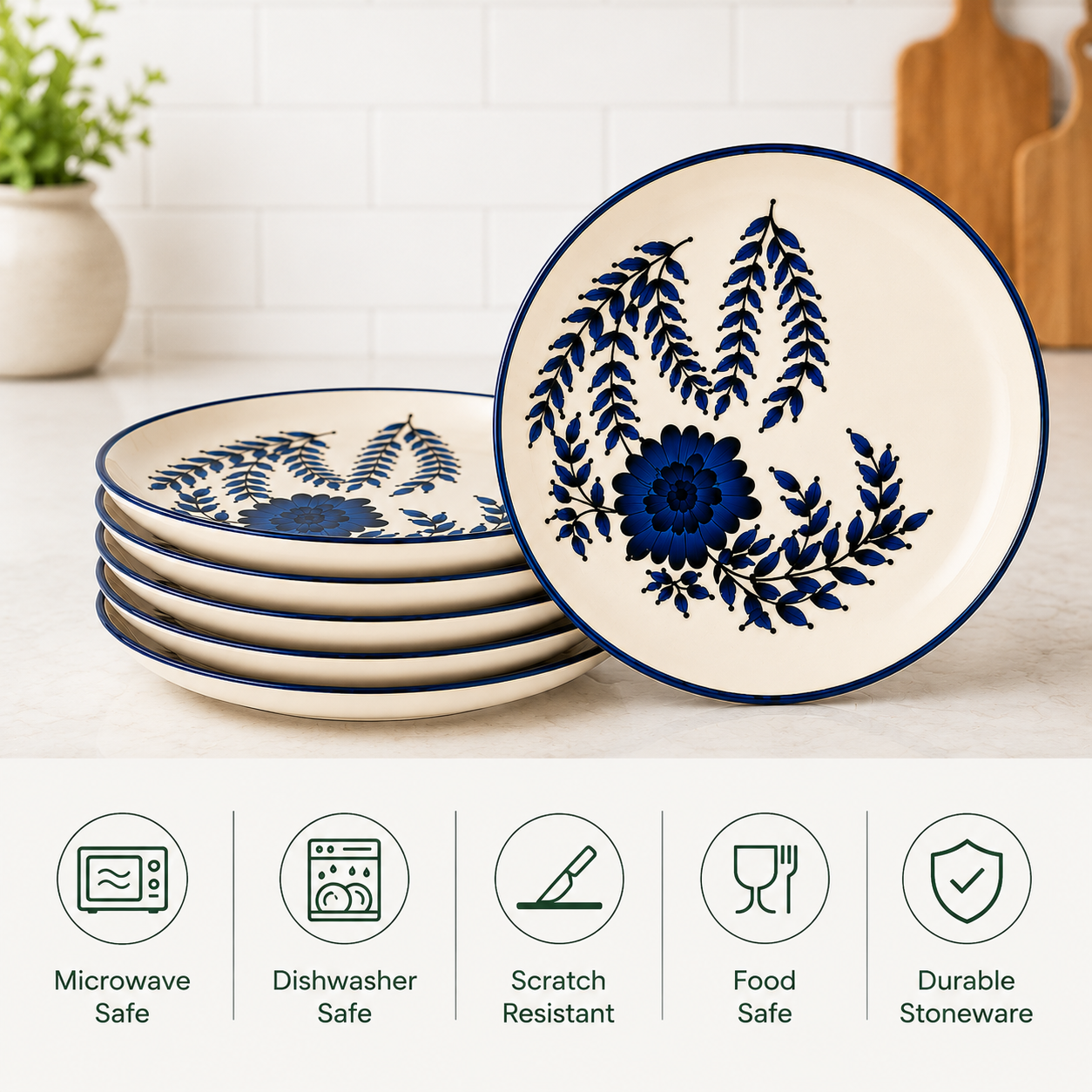 Floral Blue - Set of 6 Pcs Ceramic Dinner Plates - image 3