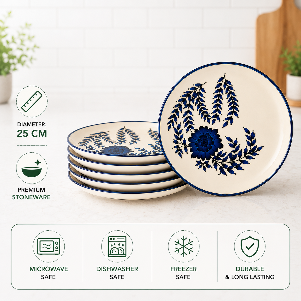 Floral Blue - Set of 6 Pcs Ceramic Dinner Plates - image 2