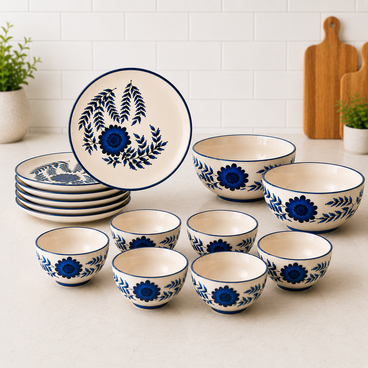 Floral Blue - Set of 14 Pcs Ceramic Dinner Set - image 1