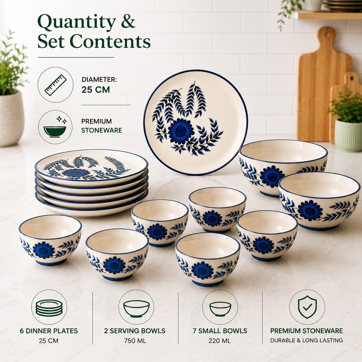 Floral Blue - Set of 14 Pcs Ceramic Dinner Set - image 2