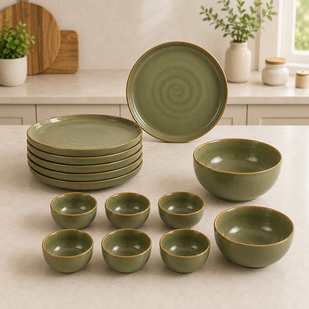 Olive Green - Set of 14 Pcs Ceramic Dinner Set - image 1