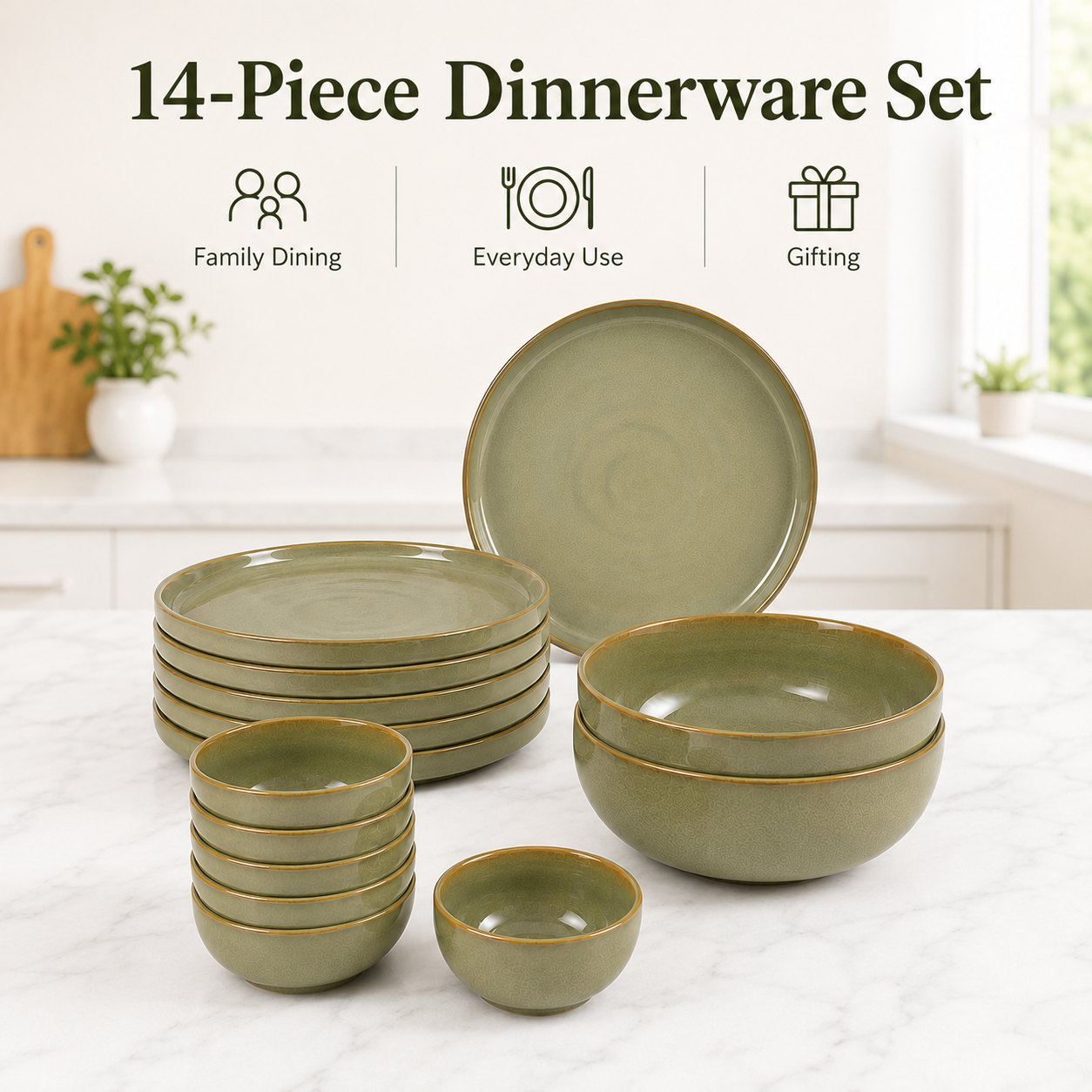 Olive Green - Set of 14 Pcs Ceramic Dinner Set - image 2