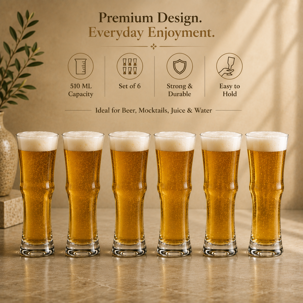 Pilsner Beer Glass Set of 6, Clear Tall Glasses | 510 ML - image 4