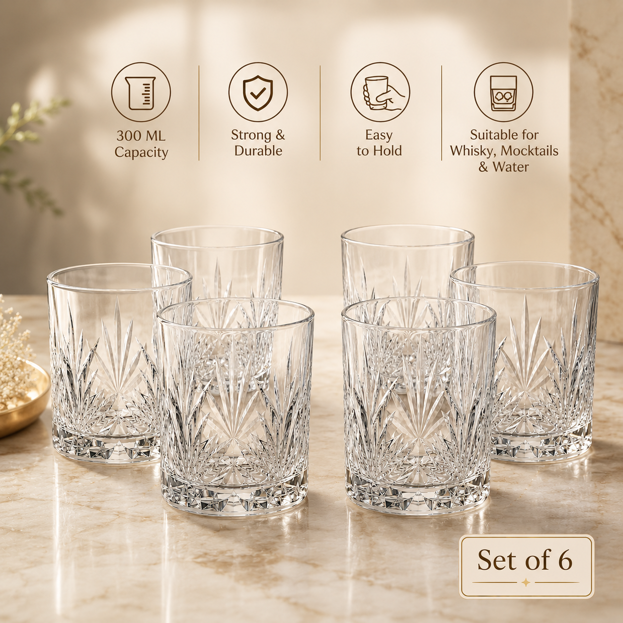Geometric Cut Clear Whisky Glass Set of 6 | 300 ML Each - image 4